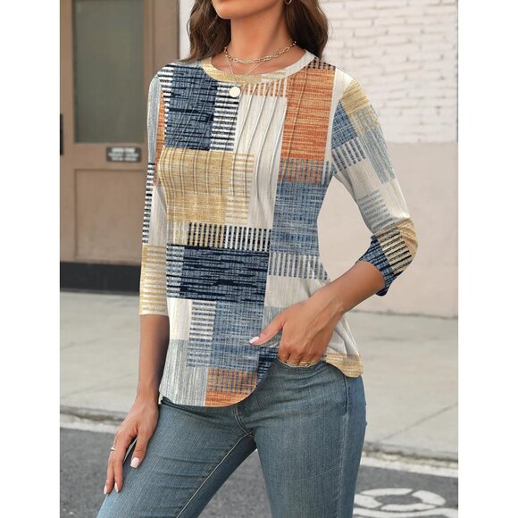 Women's 3/4 Sleeve Blouse Casual Tops Summer Shirts Pleated Hem Large - Picture 2 of 6